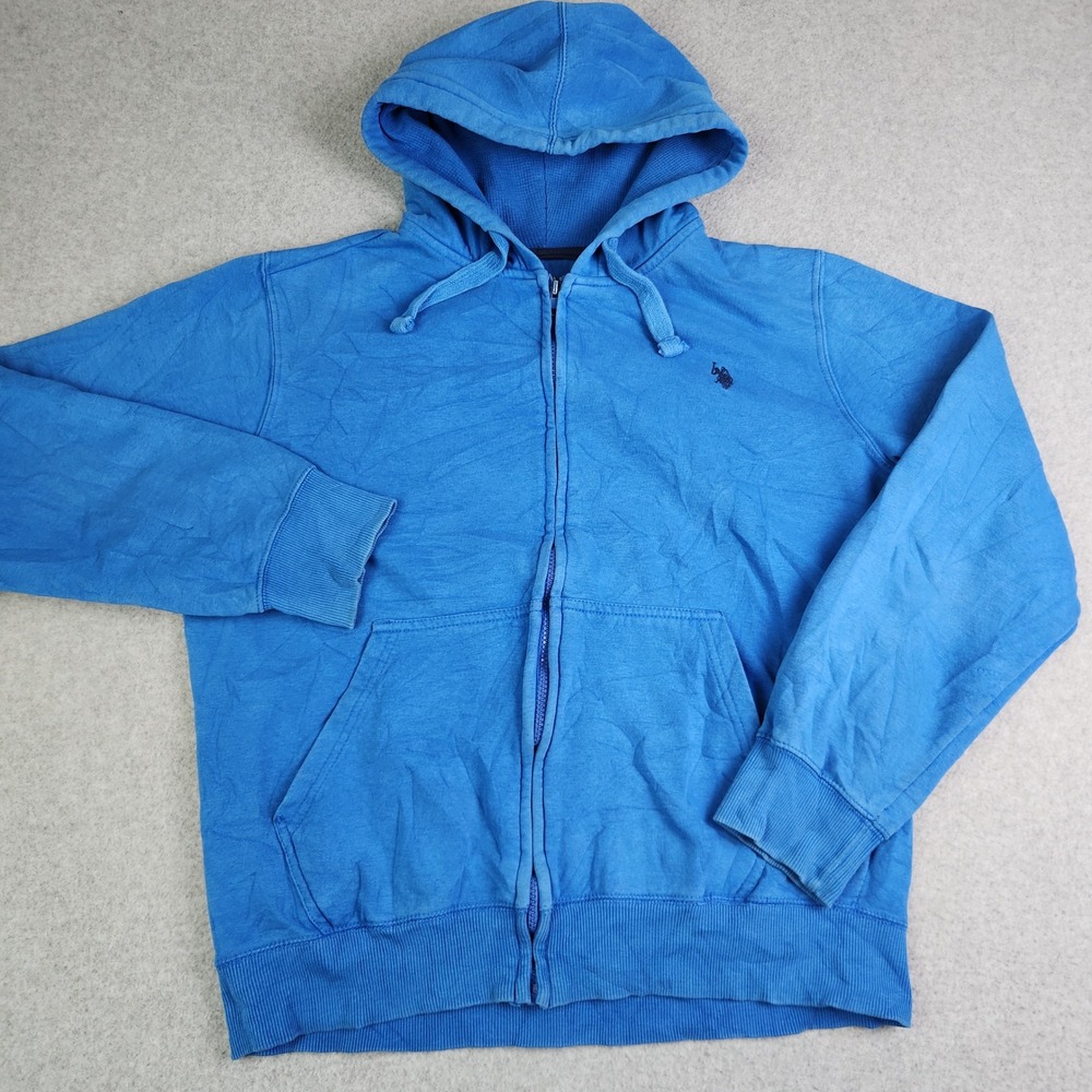 US Polo Assn. Hoodie Mens Medium Blue Fleece Lined Soft Stretch Logo‎ Full Zip